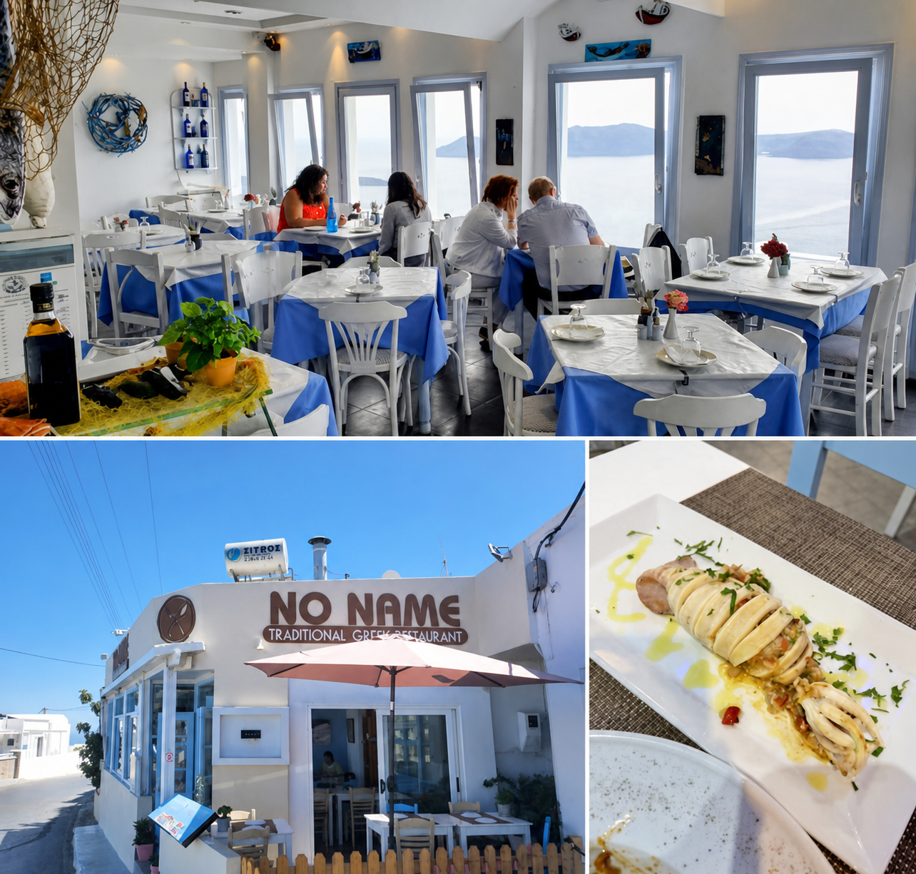 No Name Grill Restaurant dining room, exterior and plated food